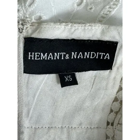 Hemant & Nandita Sleeveless White Eyelet‎ Black Tassel Midi Dress Size XS